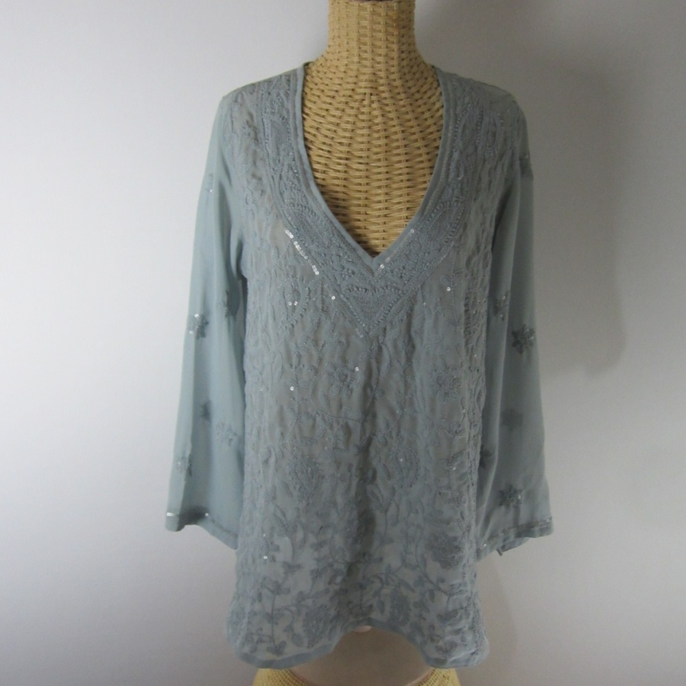 Sevya Handmade M Boho Blue Embroidered LS Tunic